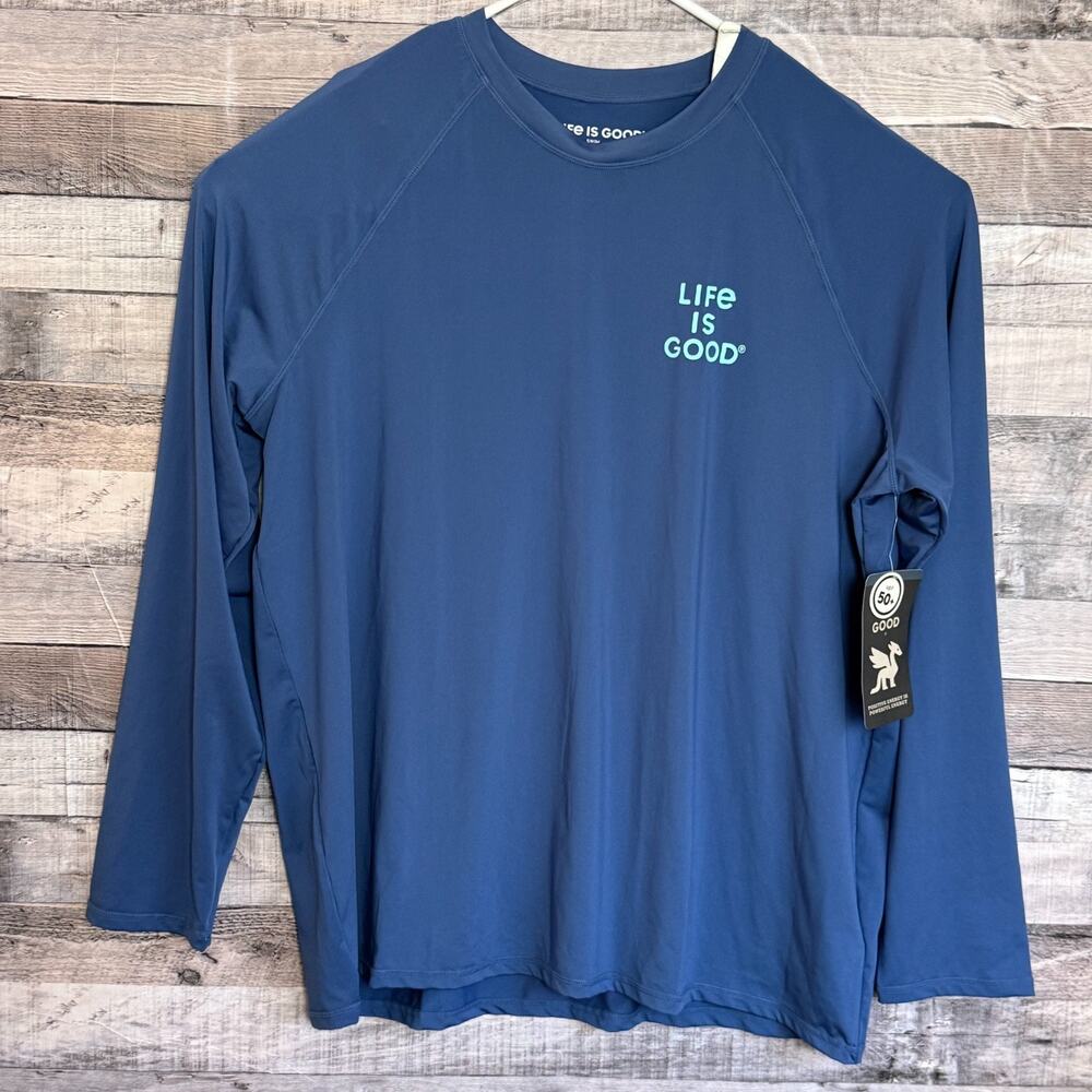 Life is Good Sun UPF50 Shirt Mens 2XL Blue Graphic Long Sleeve Stretch NEW